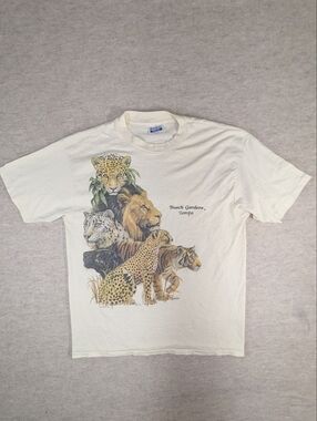 '89 Vintage Single Stich Big Cat Graphic Harlequin Art Busch Gardens Cream XL